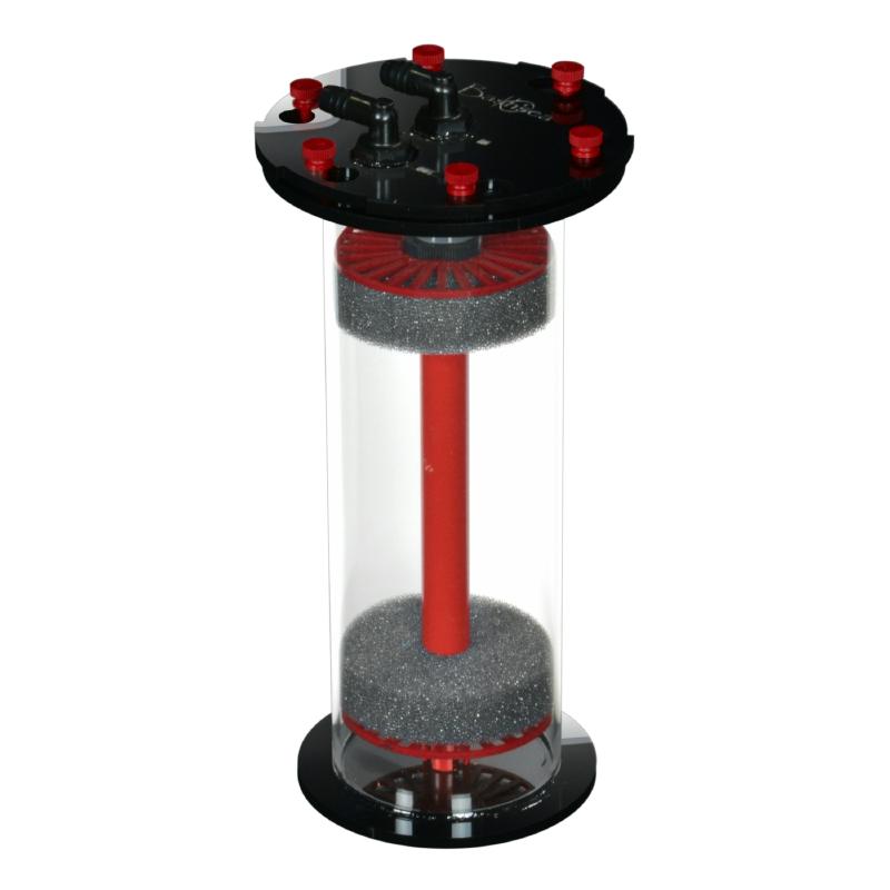 Side view of the Bashsea Media Chamber 4-12 aquarium reactor in red