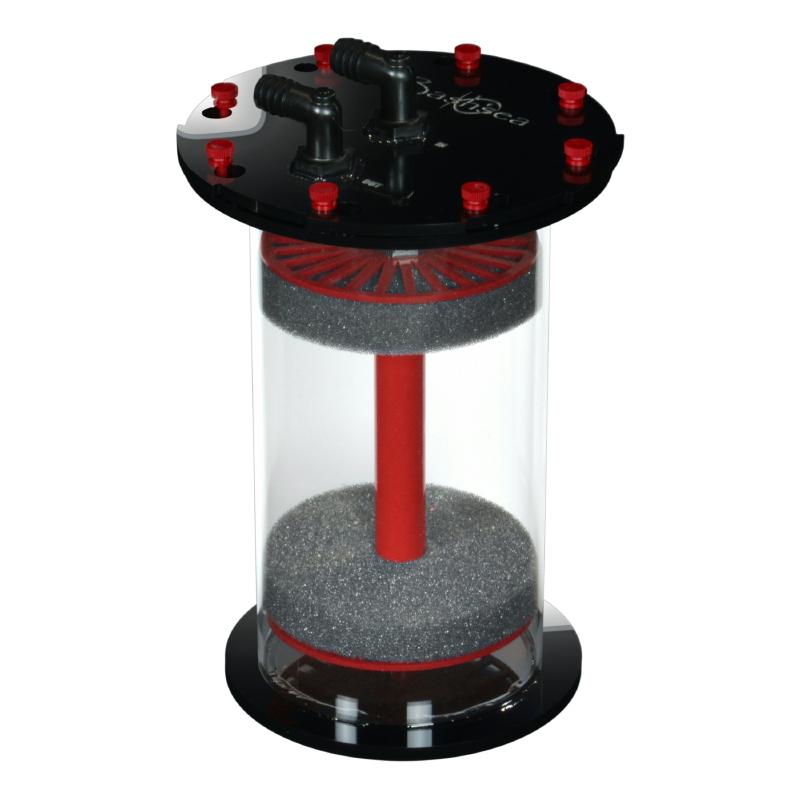 Side view of the Bashsea Media Chamber 6-12 aquarium reactor in red