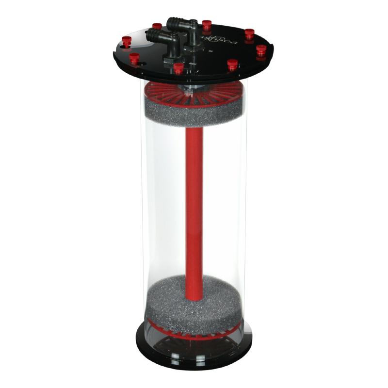 Side view of the Bashsea Media Chamber 6-18 aquarium reactor in red