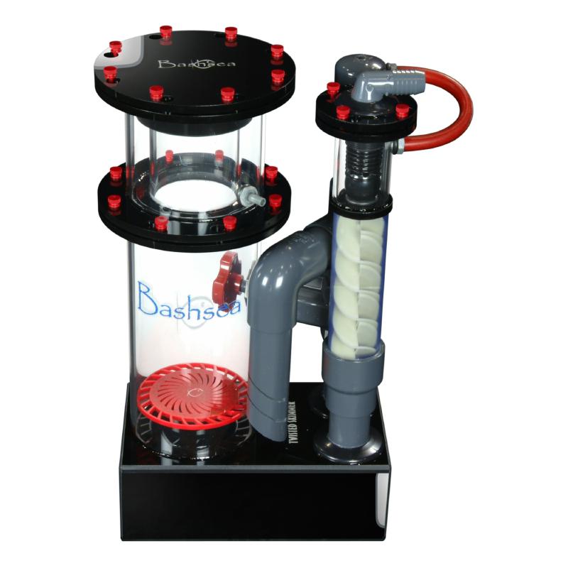 Side view of the Bashsea Twisted Skimmer 6-24 aquarium protein skimmer in red