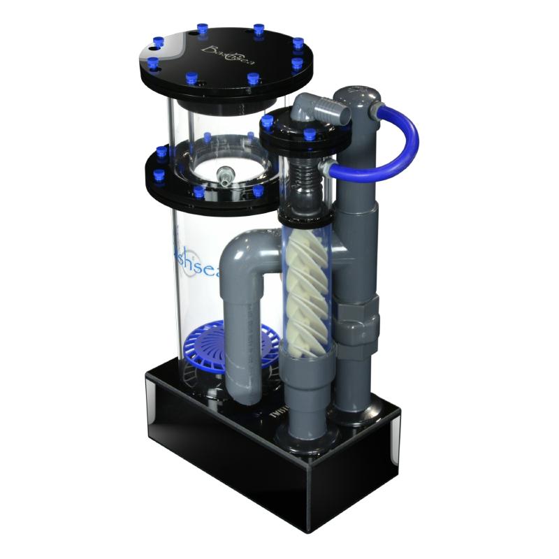Side view of the Bashsea Twisted Skimmer 6-24 aquarium protein skimmer in blue