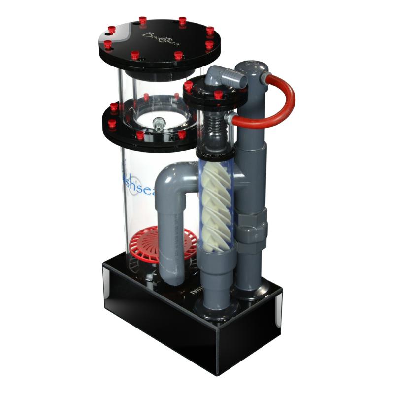 Side view of the Bashsea Twisted Skimmer 6-24 aquarium protein skimmer in red