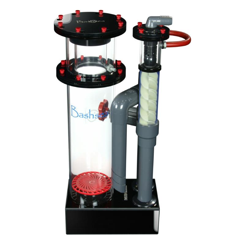 Side view of the Bashsea Twisted Skimmer 6-30 aquarium protein skimmer in red