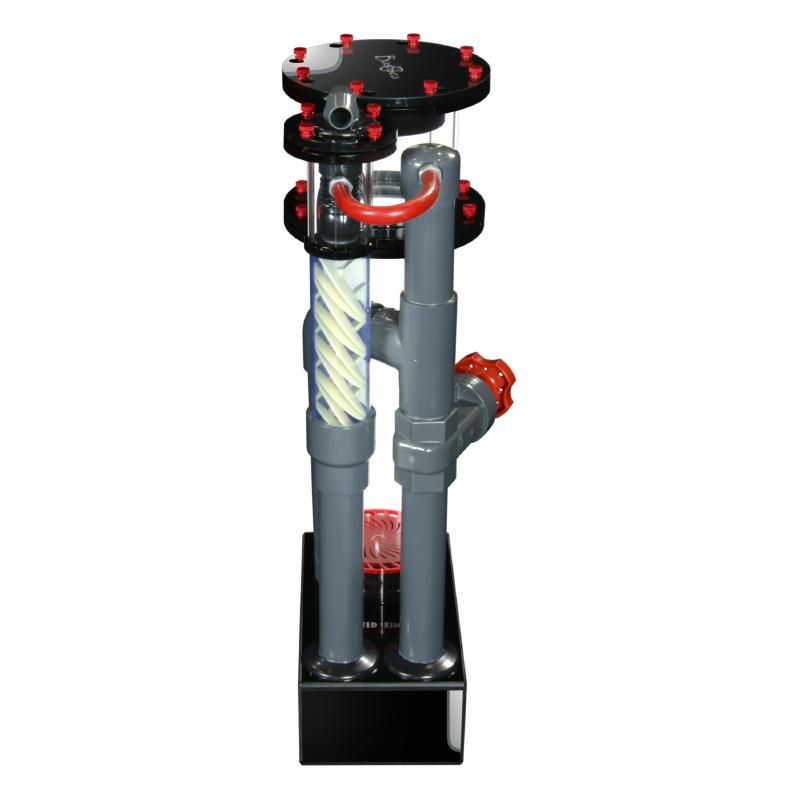 Side view of the Bashsea Twisted Skimmer 6-30 aquarium protein skimmer in red