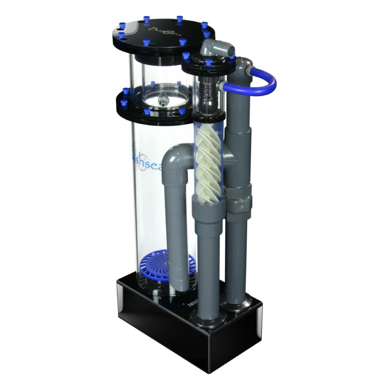 Side view of the Bashsea Twisted Skimmer 6-30 aquarium protein skimmer in blue