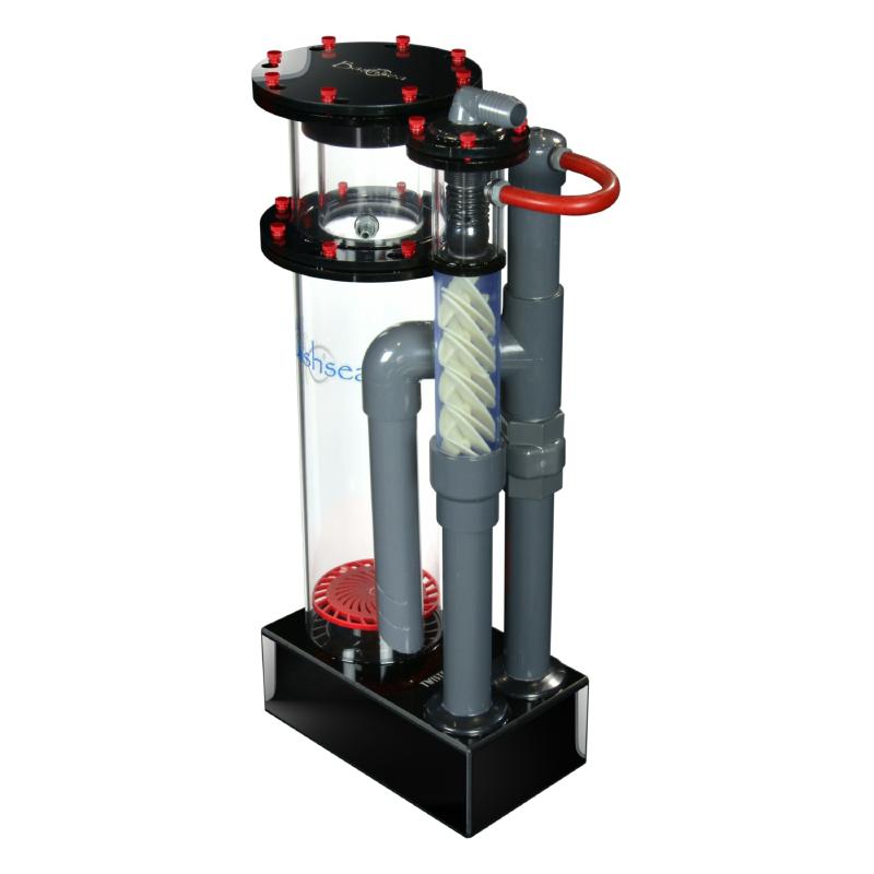 Side view of the Bashsea Twisted Skimmer 6-30 aquarium protein skimmer in red