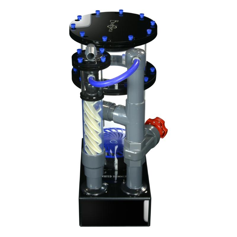 Side view of the Bashsea Twisted Skimmer 8-24 aquarium protein skimmer in blue