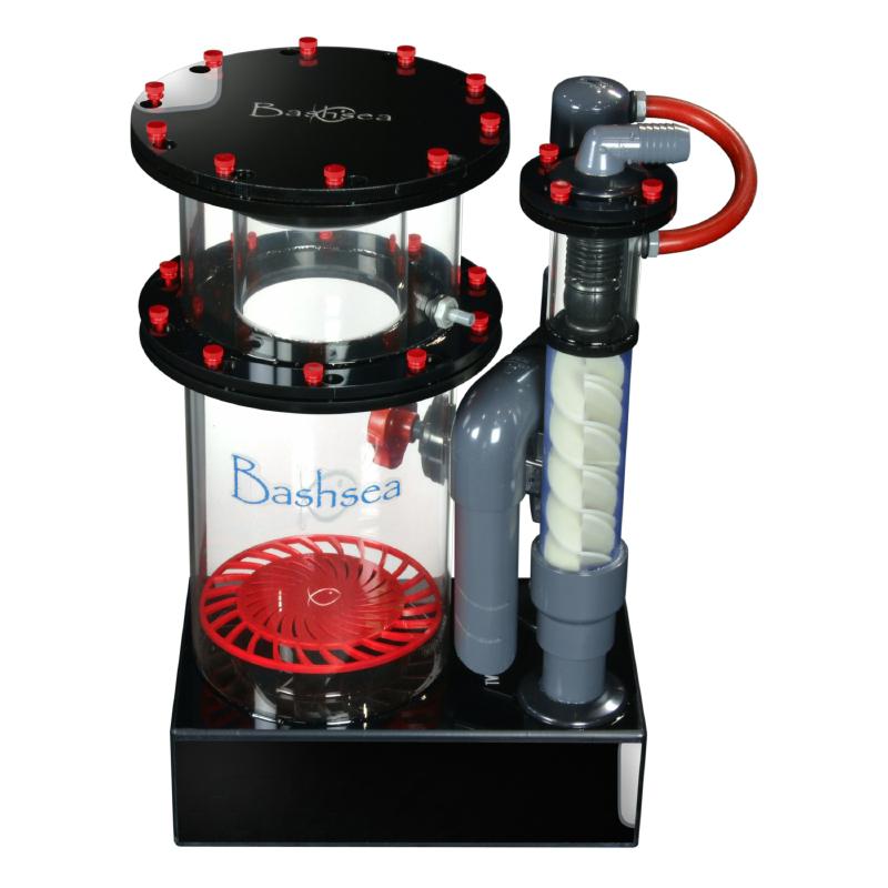 Side view of the Bashsea Twisted Skimmer 8-24 aquarium protein skimmer in red