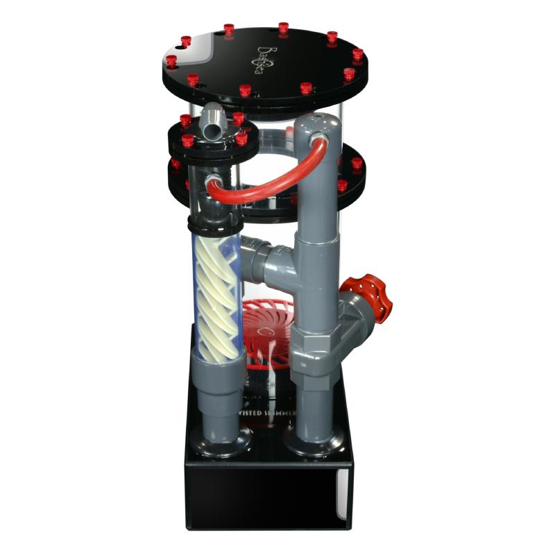 Side view of the Bashsea Twisted Skimmer 8-24 aquarium protein skimmer in red