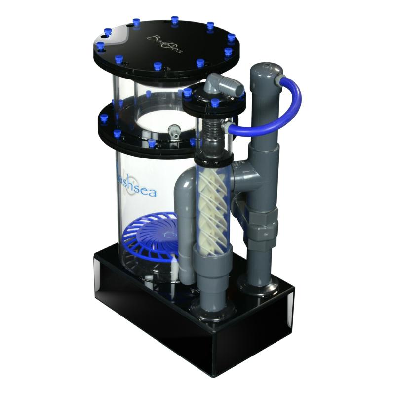 Side view of the Bashsea Twisted Skimmer 8-24 aquarium protein skimmer in blue