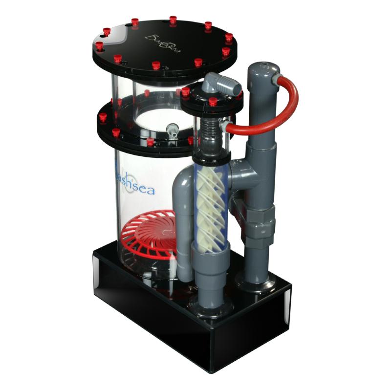Side view of the Bashsea Twisted Skimmer 8-24 aquarium protein skimmer in red