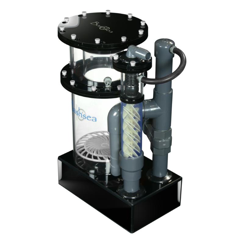 Side view of the Bashsea Twisted Skimmer 8-24 aquarium protein skimmer in white