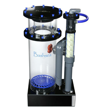 Side view of the Bashsea Twisted Skimmer 8-30 aquarium protein skimmer in blue