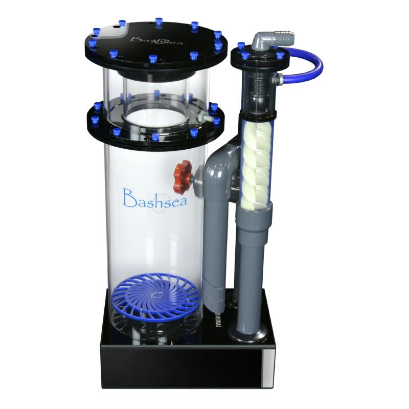 Side view of the Bashsea Twisted Skimmer 8-30 aquarium protein skimmer in blue