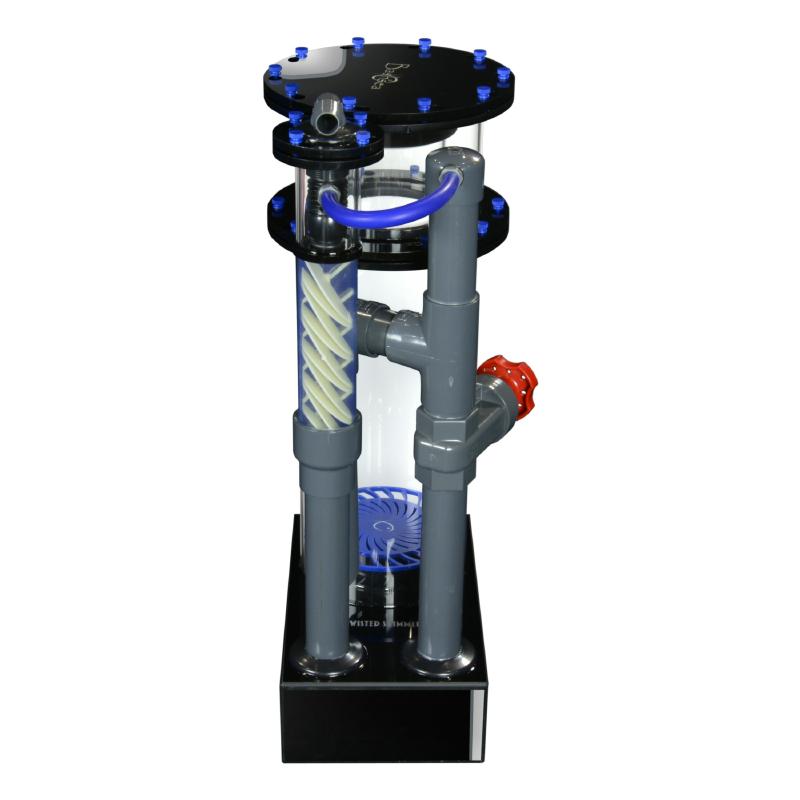 Side view of the Bashsea Twisted Skimmer 8-30 aquarium protein skimmer in blue
