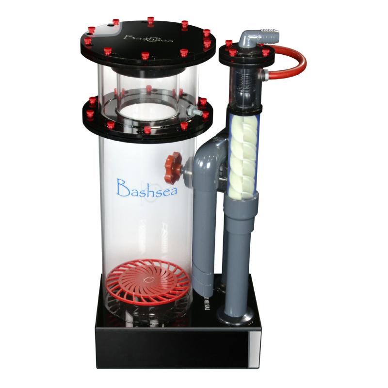 Side view of the Bashsea Twisted Skimmer 8-30 aquarium protein skimmer in red