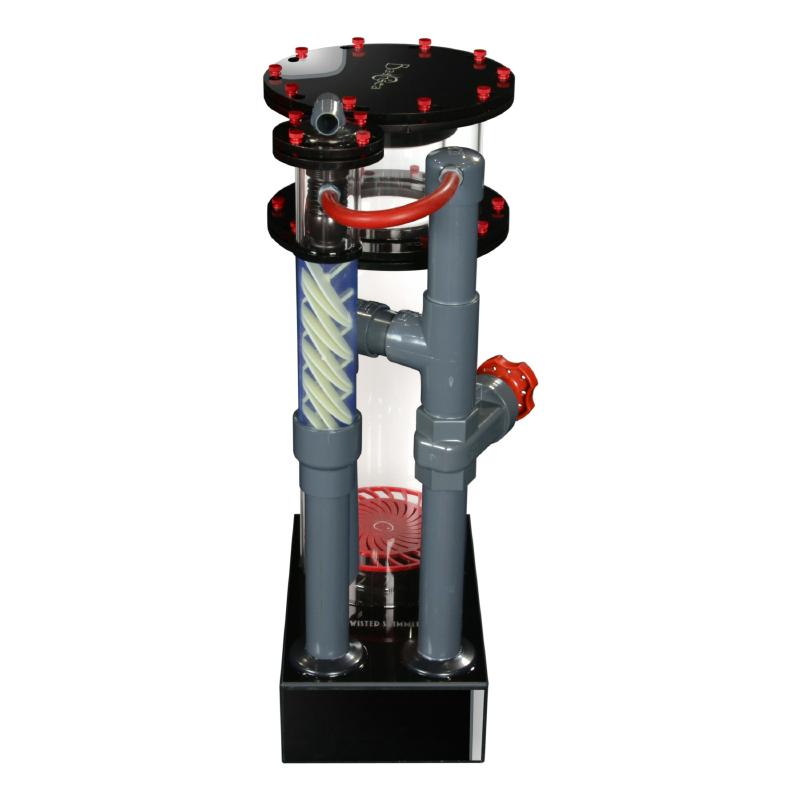 Side view of the Bashsea Twisted Skimmer 8-30 aquarium protein skimmer in red
