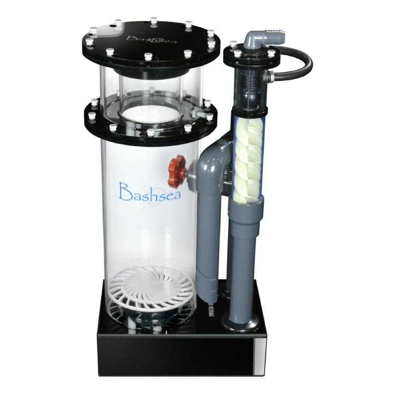Side view of the Bashsea Twisted Skimmer 8-30 aquarium protein skimmer in white