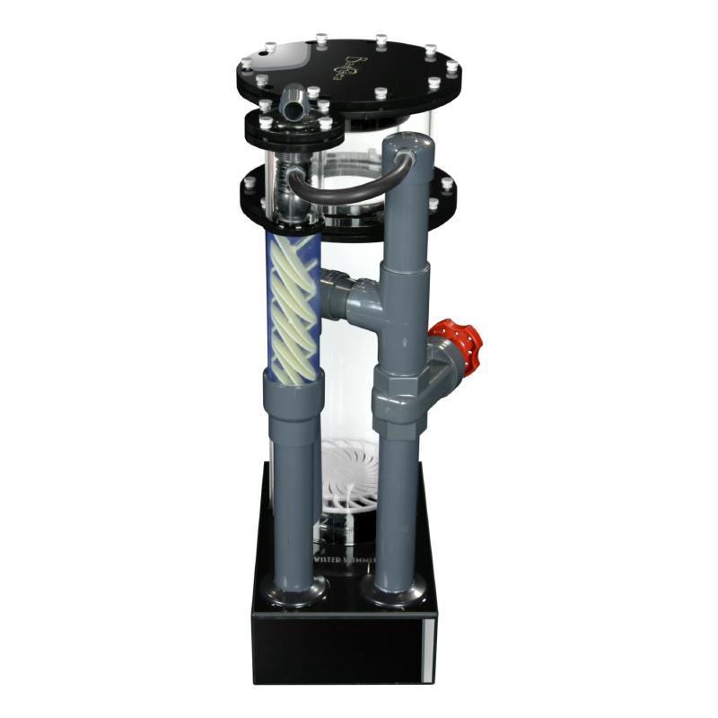 Side view of the Bashsea Twisted Skimmer 8-30 aquarium protein skimmer in white