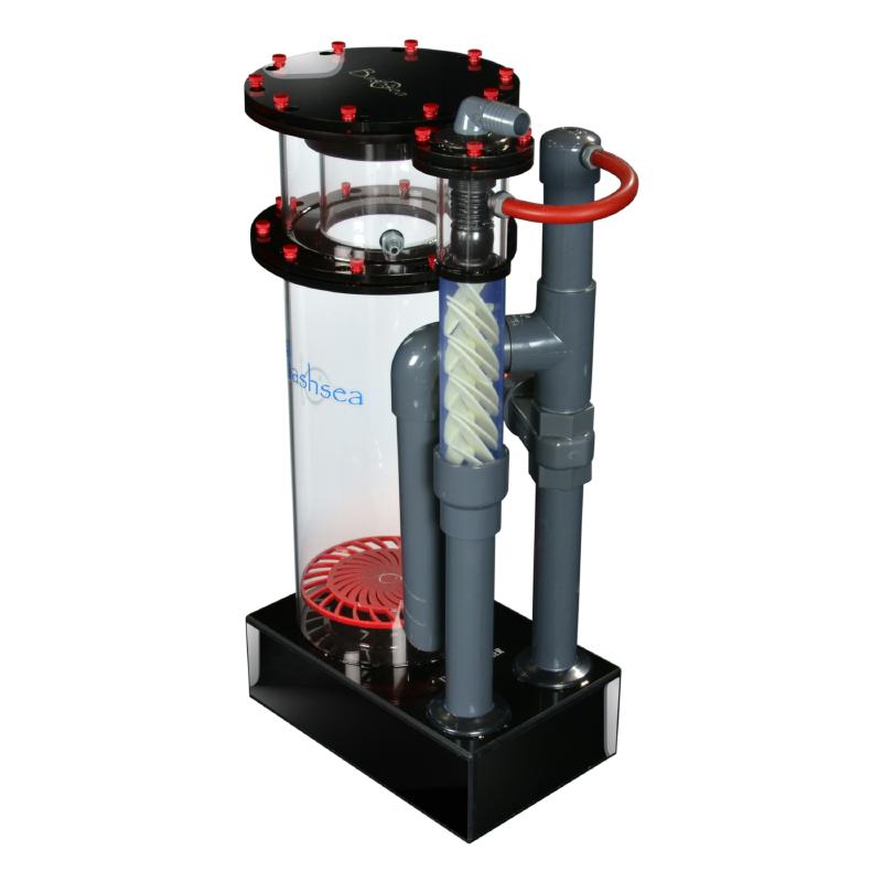 Side view of the Bashsea Twisted Skimmer 8-30 aquarium protein skimmer in red