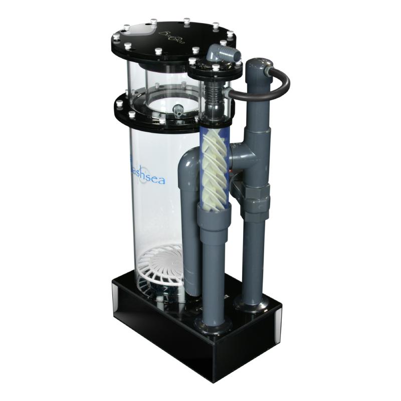Side view of the Bashsea Twisted Skimmer 8-30 aquarium protein skimmer in white